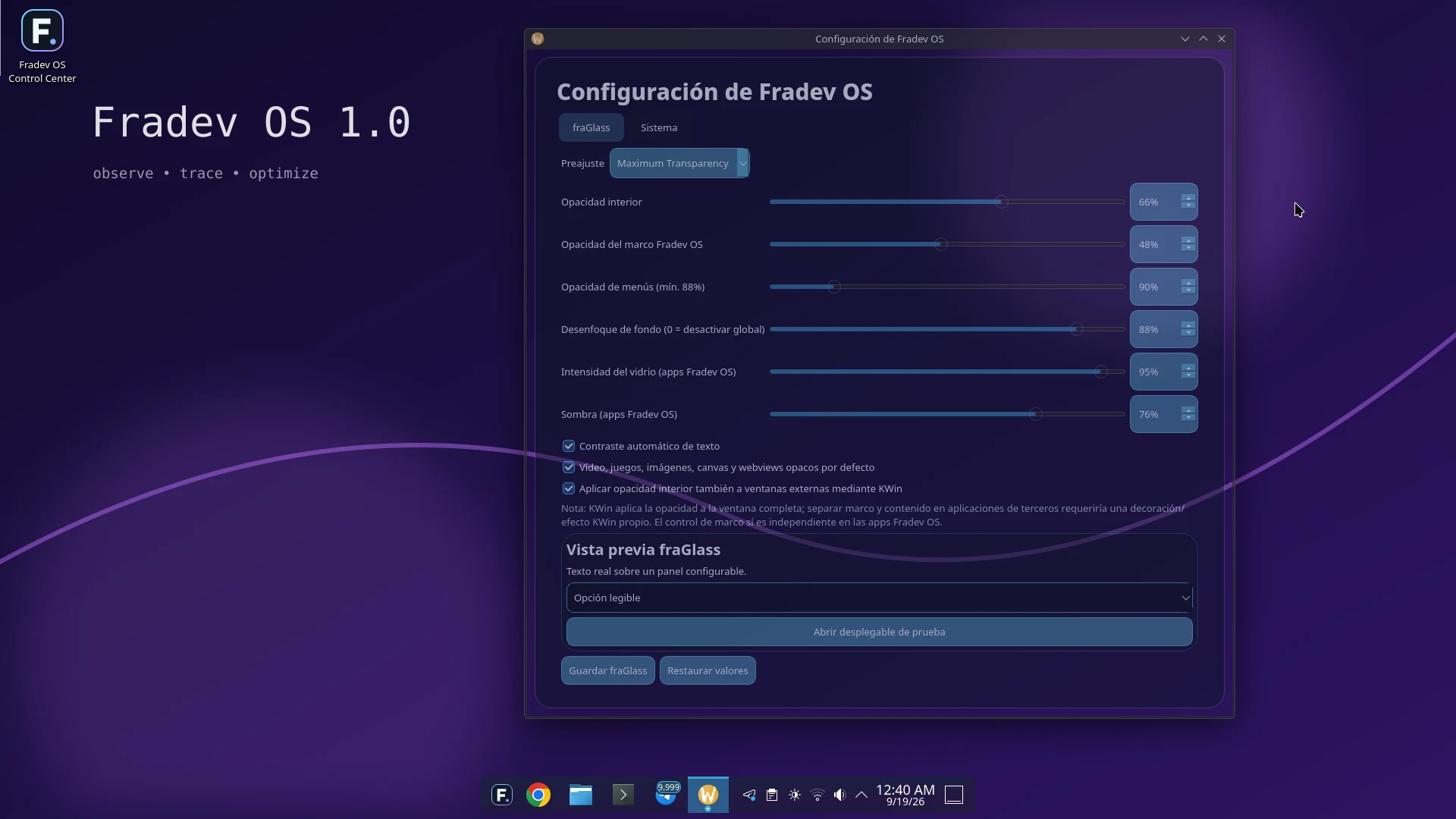Configuración de fraGlass en Fradev OS
